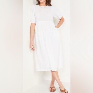 NEW! Old Navy Tiered Puff-Sleeve All-Day Midi Swing Dress in White - Large 🤖